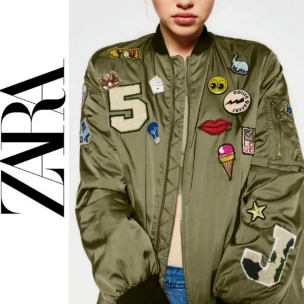 Zara Patchwork Utility Zipper Olive Jacket - S - image 1